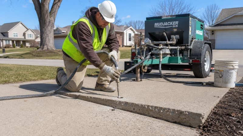 Professional mudjacking contractor lifting concrete driveway slab in Omaha Nebraska